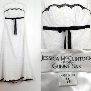 Vintage Jessica McClintock x Gunne Sax 5/6 White Black Strapless Maxi Lace Dress